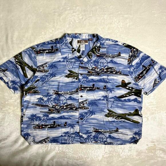 Kalaheo WWII Hawaiian Shirt Men's 2XL Rayon Planes Fighters Bombers Pacific - Picture 1 of 8